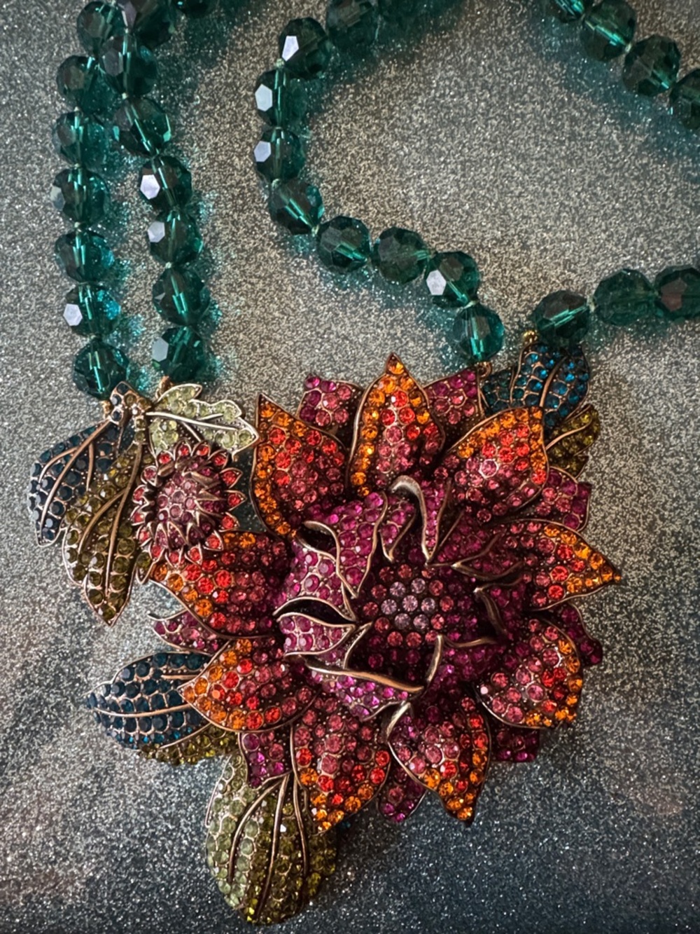 Heidi Daus Multicolor Floral Crystal Necklace with Emerald Beaded Strand - Picture 2 of 4